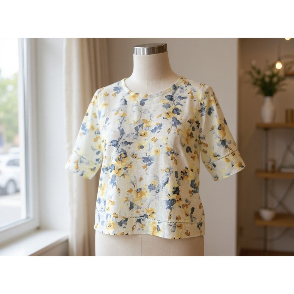 Pure Jill Linen Floral Print Short Sleeve‎ Blouse Women's XS Yellow Blue boho